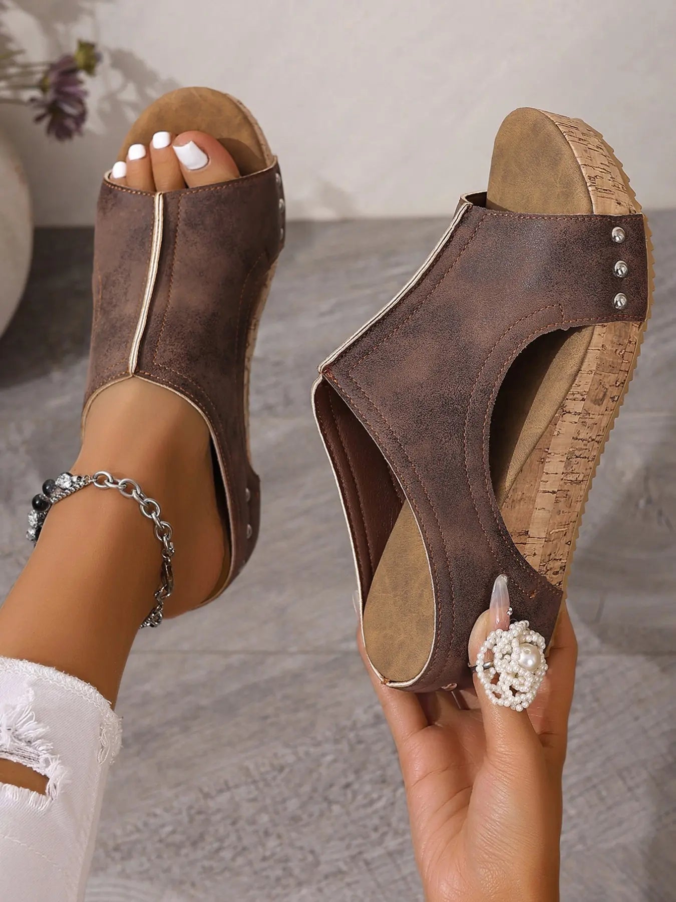 Women's Casual Soft Wood Heel Wedge Mules