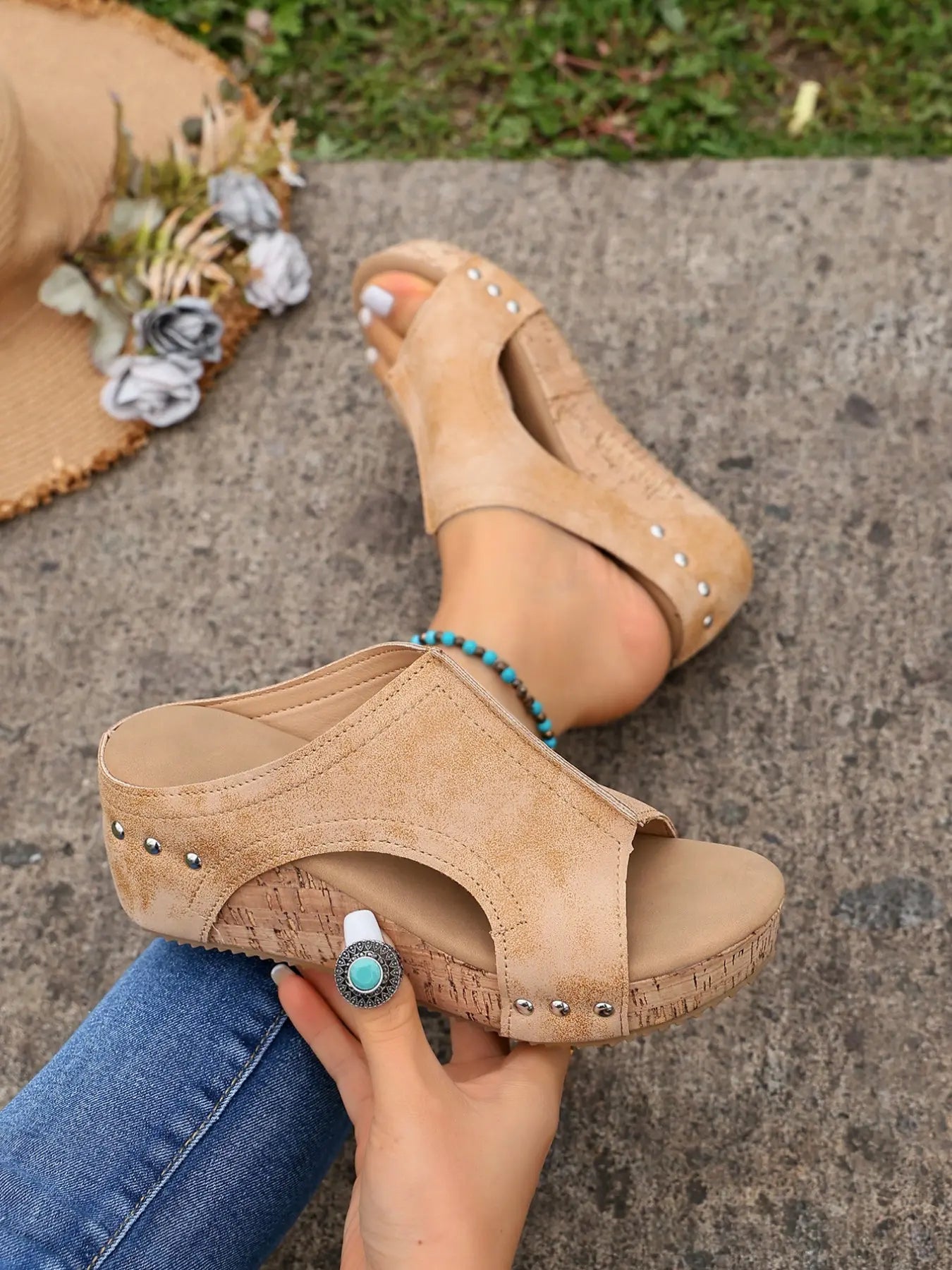 Women's Casual Soft Wood Heel Wedge Mules