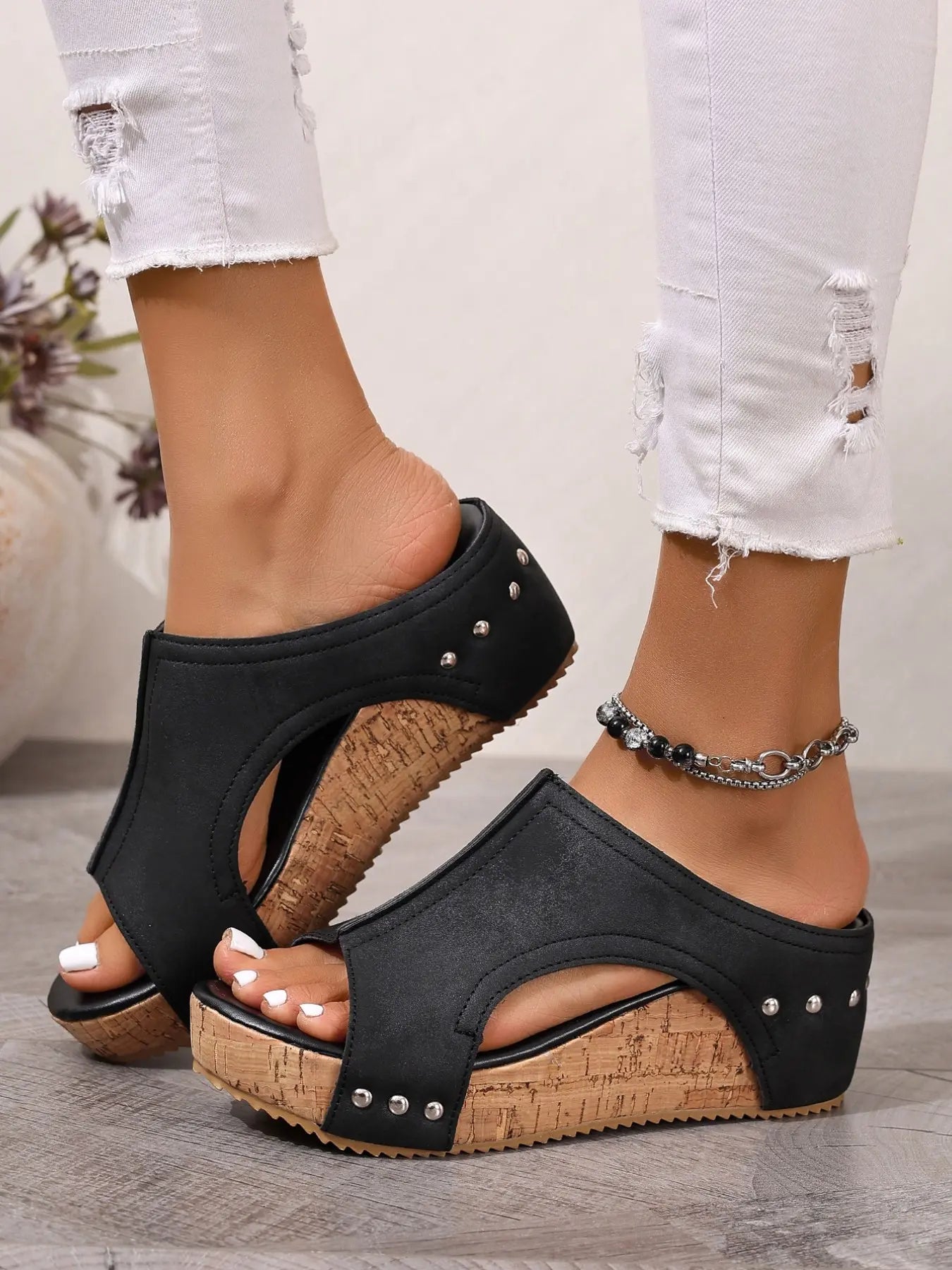 Women's Casual Soft Wood Heel Wedge Mules